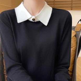 拼接POLO领假两件针织衫打底衫女2024秋冬新款百搭套头懒惰风上衣