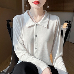 纯色宽松显瘦上衣衬衣打底百搭 25春夏薄款 翻领针织开衫 女衬衫 长袖