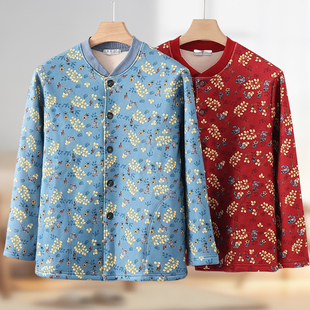 中老年保暖内衣女加绒加厚开衫开襟妈妈老太太秋衣老人妈妈家居服