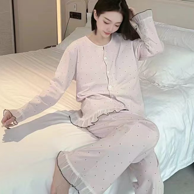 羊密绒波点长袖睡衣女德绒保暖