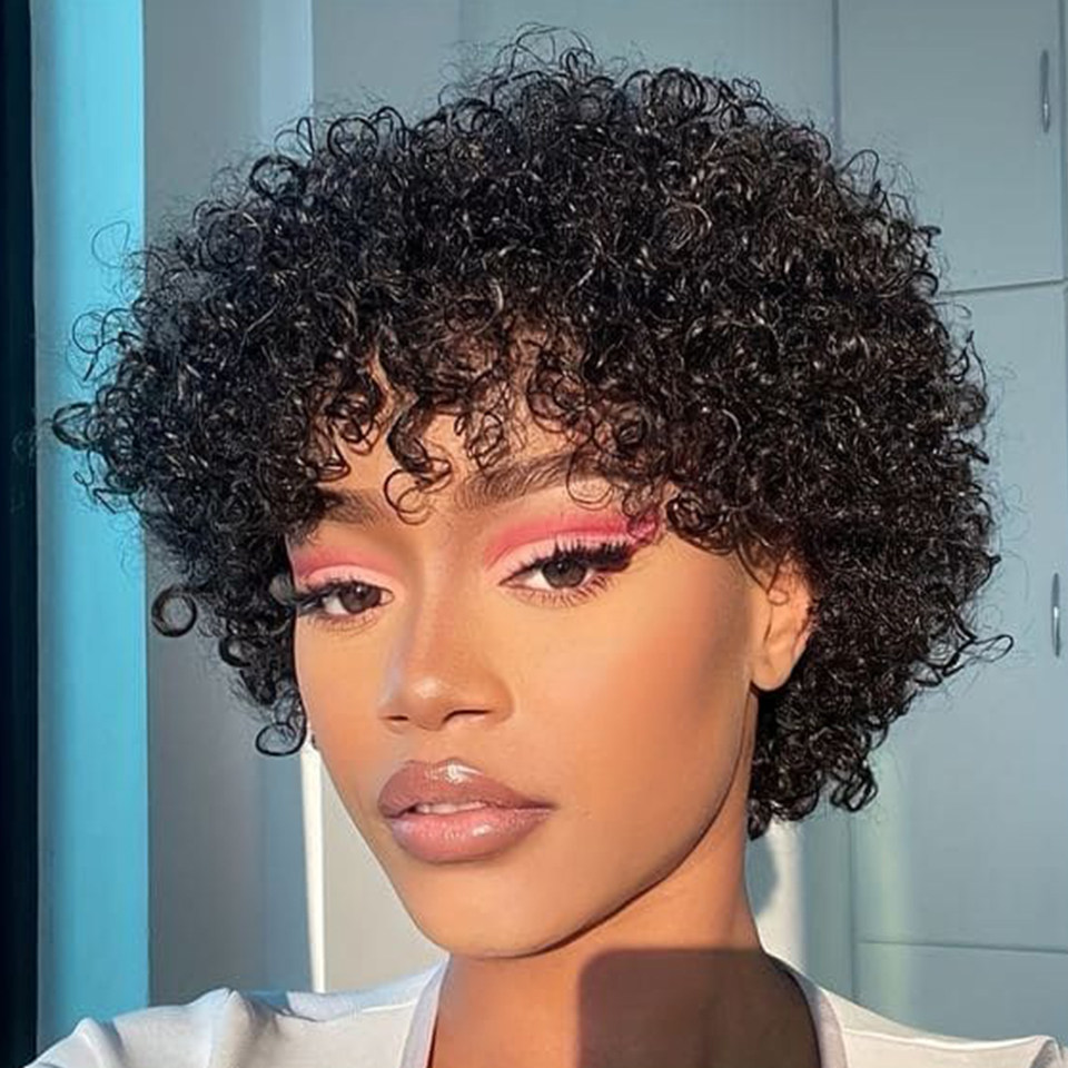 Brazlian Human Hair Short Pixie Curly Glueless Wig For Women