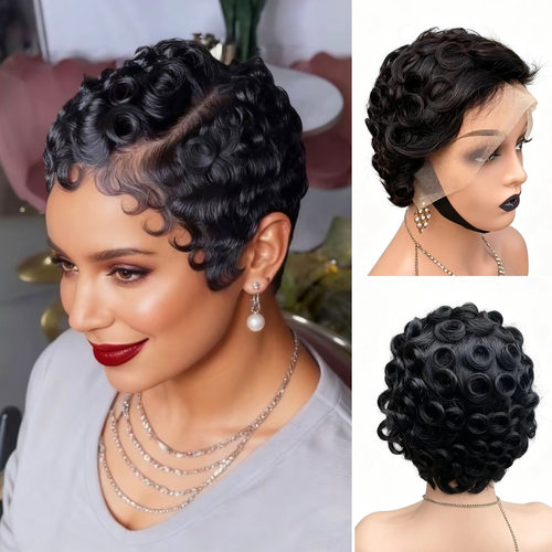 Human Hair Short Curly Pixie Wig Full Frontal Lace Wigs Hair