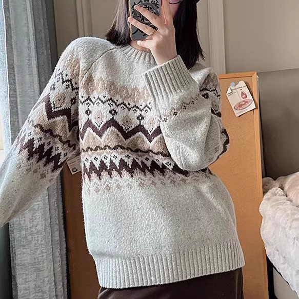 费尔岛毛衫商场同款摩MO家2025冬新圆领花纹毛衣针织衫MBE4SWTT12