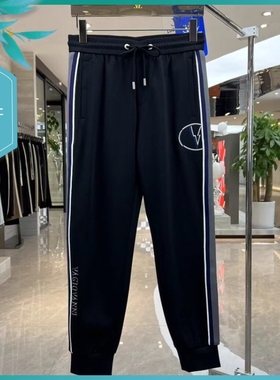 T24夏季新款男士温州欧版修身小束脚刺绣印花条纹黑色运动休闲裤