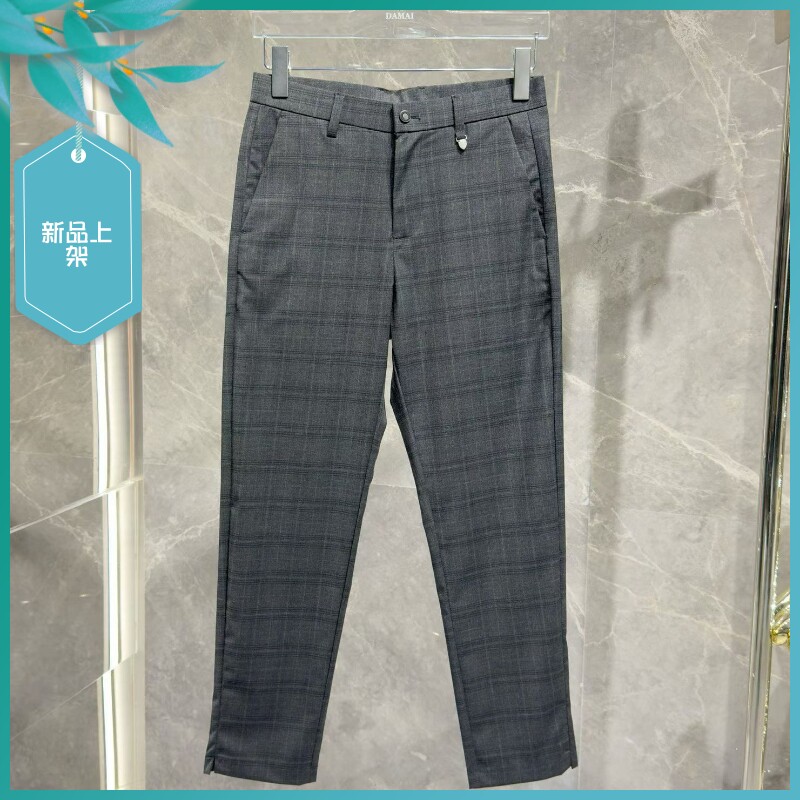 T26春夏新款男士温州欧版修身小直脚潮灰色刺绣格子商务休闲西裤