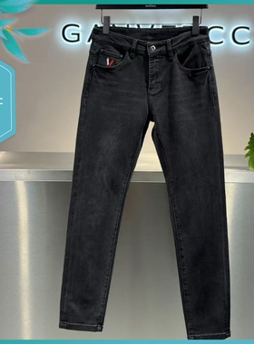 T25秋冬新款男士温州欧版修身小脚潮弹力刺绣简约黑灰色长牛仔裤