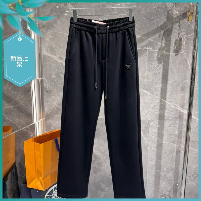 T25冬季新款男士温州欧版宽松直筒刺绣保暖加厚加绒黑运动休闲裤