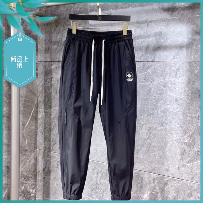 TT23夏季新款男士温州欧版修身小束脚潮流刺绣印花黑色运动休闲裤