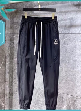 TT23夏季新款男士温州欧版修身小束脚潮流刺绣印花黑色运动休闲裤