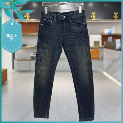 拉链长裤刺绣印花秋冬蓝色牛仔裤