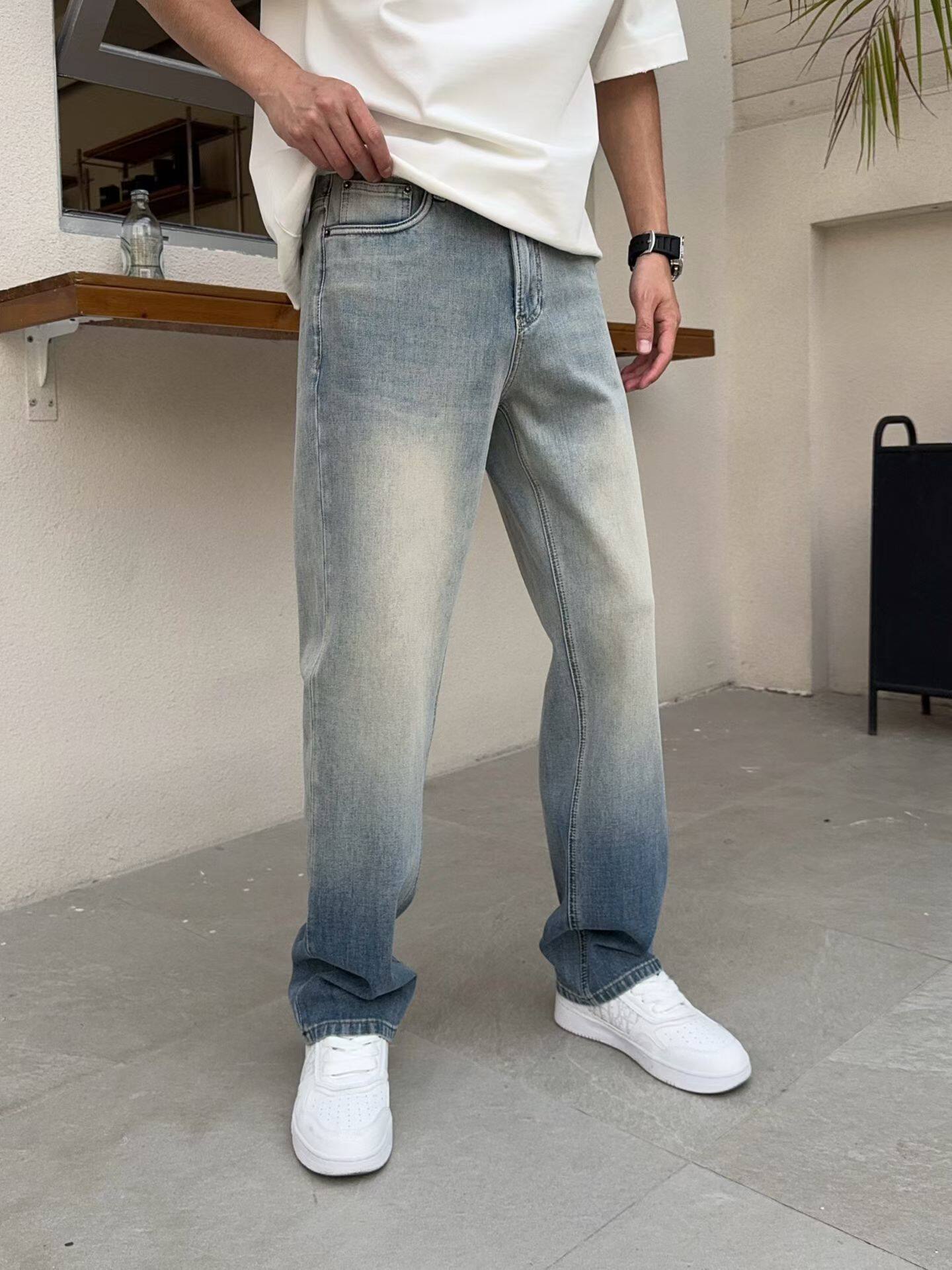 T26春夏新款男士温州欧版宽松小直筒拼色简约弹力浅蓝色长牛仔裤