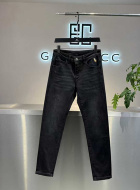 25秋冬新款男士温州欧版修身小脚潮流刺绣简约弹力黑灰色长牛仔裤