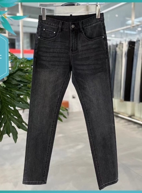 T24春夏新款男士温州欧版修身小脚潮刺绣印花简约弹力黑色牛仔裤