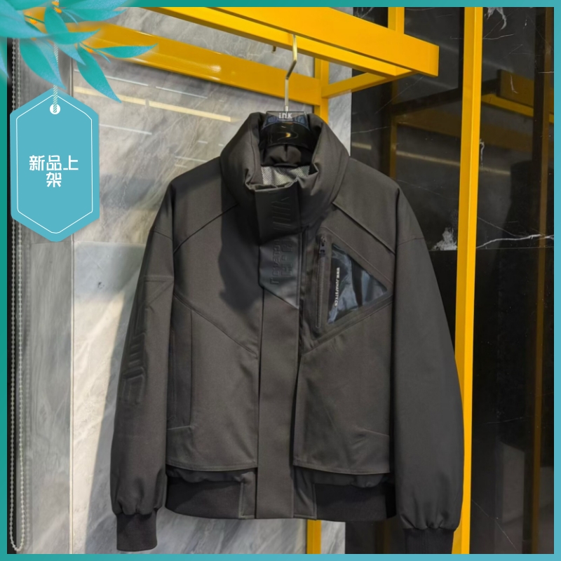 T25冬季新款男士温州欧版修身真皮拼接保暖白鸭绒黑色立领羽绒服