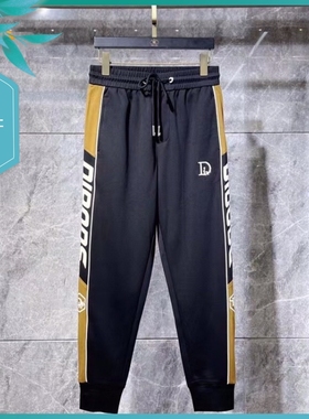 TT23春夏新款男士温州欧版修身束脚潮刺绣印花条纹黑色运动休闲裤