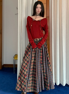 梵鸽连衣裙女设计感小众复古撞色格纹拼接长袖辣妹修身显瘦大摆裙