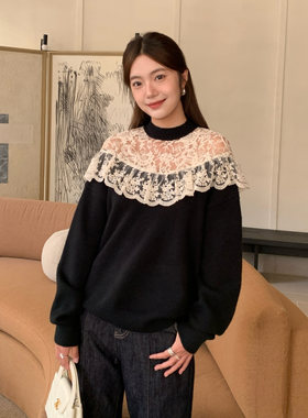 【5天内发货】诠释美法式减龄镂空蕾丝拼接长袖套头针织毛衣25冬