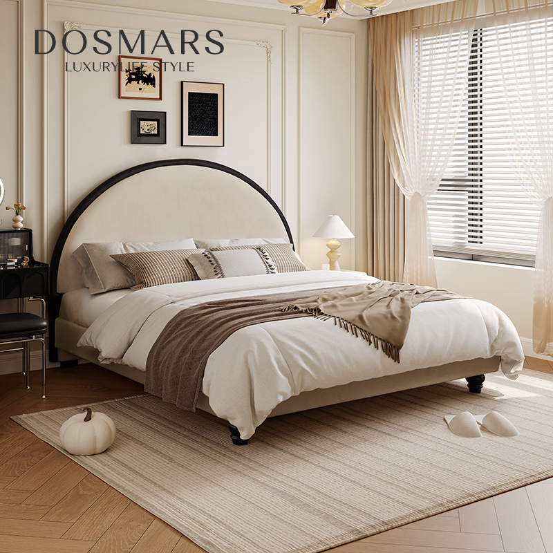 大司马奶油风实木双人圆月床