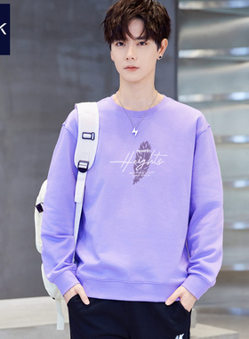 TEEK秋季纯棉卫衣男帅气 秋日多巴胺浅紫色羽毛印花青少年长袖T恤