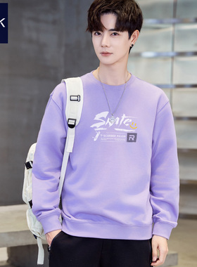 TEEK秋季纯棉卫衣帅气 韩版清新帅气印花香芋浅紫色长袖T恤男潮牌