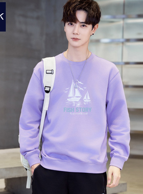 TEEK秋冬纯棉卫衣男潮牌帅气 休闲潮流简约字母香芋浅紫色长袖T恤