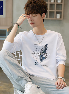 TEEK羽毛长袖t恤男生新款 青少年秋冬季加绒加厚打底衫内搭秋衣服