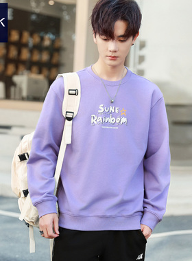 TEEK秋季纯棉卫衣男帅气 秋日多巴胺浅紫色字母印花青少年长袖T恤