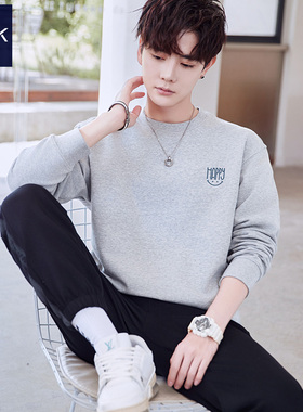 TEEK青少年学生花灰色男士卫衣纯棉 秋季长袖T恤笑脸印花潮牌韩版