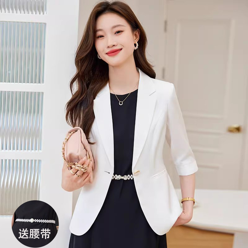 白色小西装外套女薄款七分袖2026春夏季新款气质雪纺西服配连衣裙