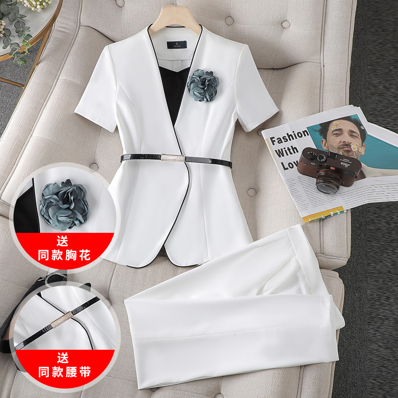 白色短袖西装外套女薄款夏季气质职业西服套装腰带酒店前台工作服