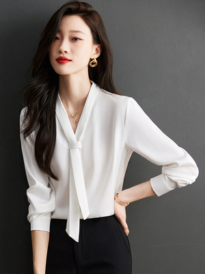 白色打底衬衫女高级感2025秋冬新款白衬衣工作服职业缎面雪纺上衣