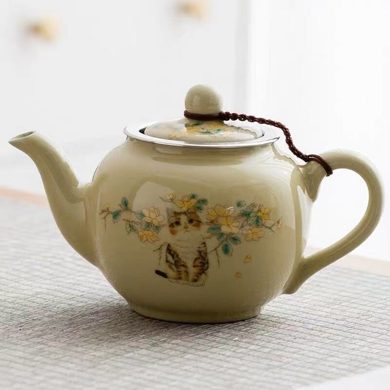 汝窑过滤茶壶陶瓷大号开片红茶冲泡茶器带过滤网家用单壶茶杯套装