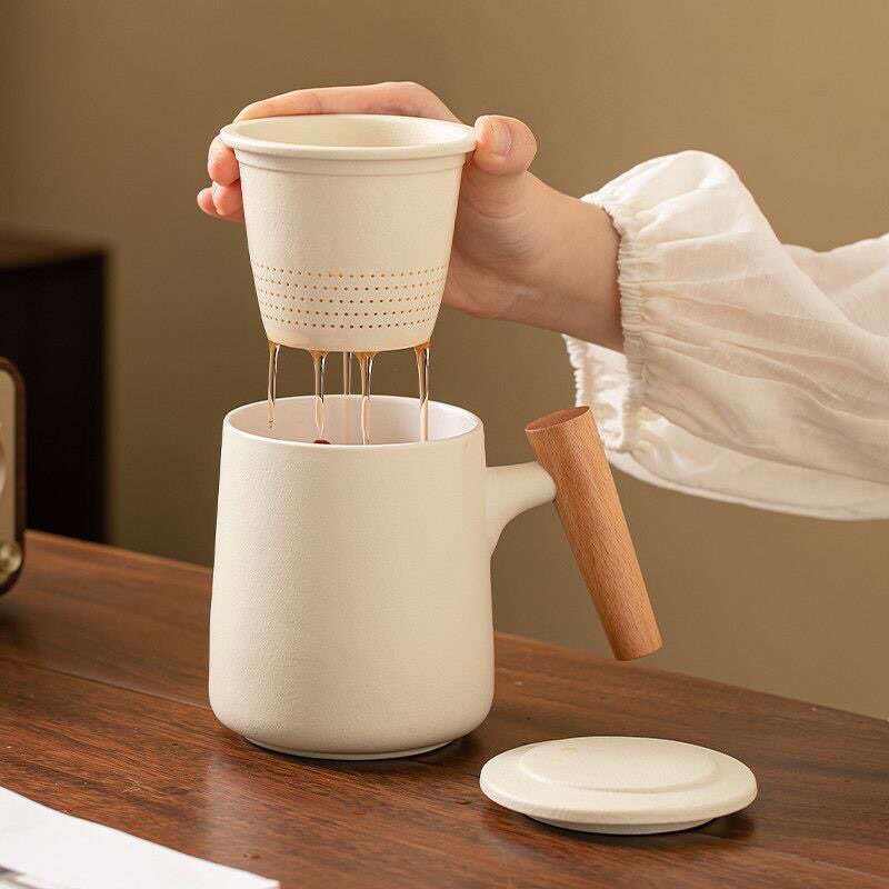 陶瓷茶水分离杯马克杯简约家用办公带盖过滤个人专用木柄泡茶杯子