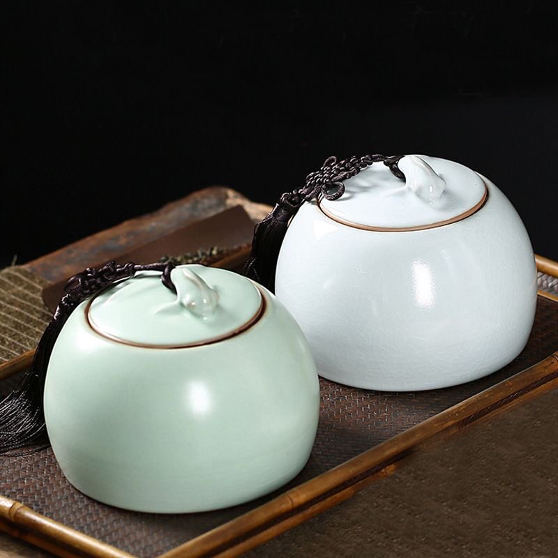 汝窑茶叶罐年年有鱼迷你大号醒茶罐密封罐复古高档药粉储家用茶仓