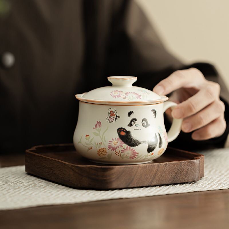 熊猫戏碟茶水分离杯办公室泡茶杯水杯带盖适合女生的杯子防烫过滤