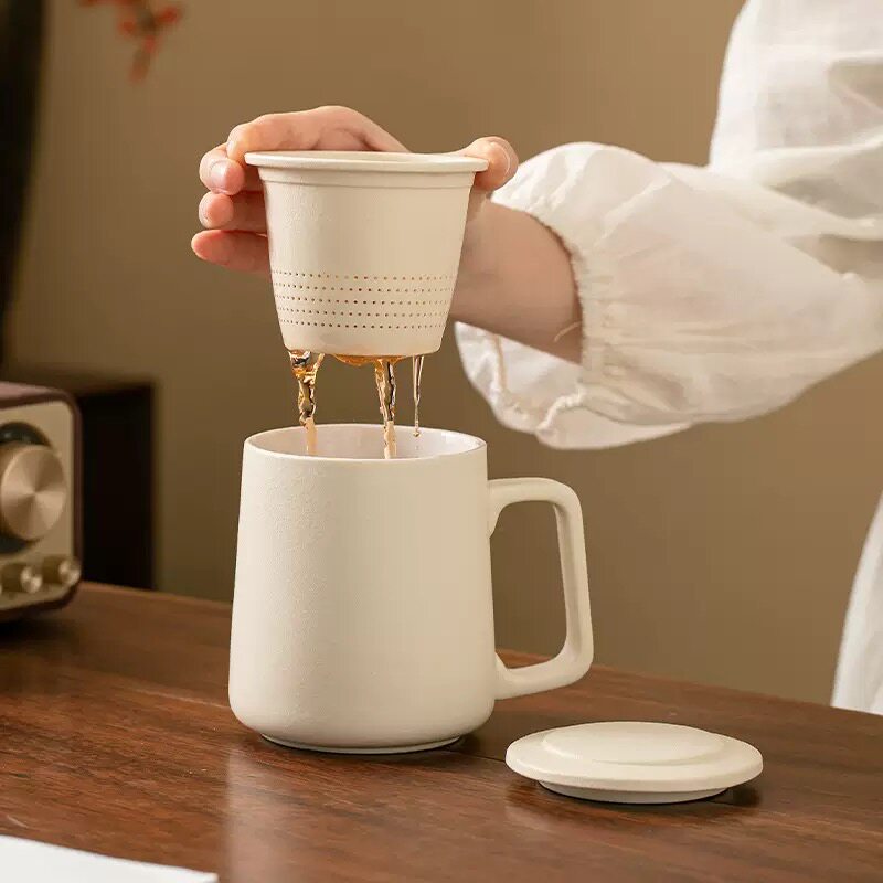 陶瓷茶水分离杯个人专用大容量办公家用马克杯带盖过滤简约泡茶杯