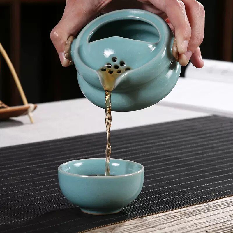 汝窑快客杯一壶一杯单个人功夫泡茶壶茶杯户外简易便携式旅行茶具