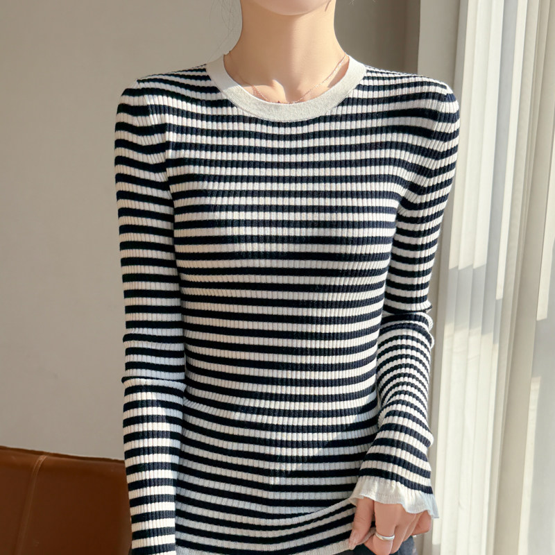 精纺60支蚕丝羊毛条纹针织衫女圆领套头修身显瘦长袖百搭薄打底衫