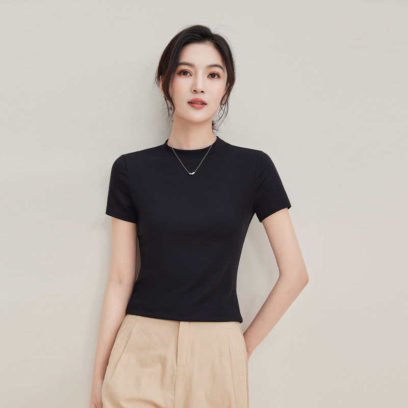 天丝羊毛立领短袖T恤女夏纯色圆领修身打底亲肤透气短款正肩上衣
