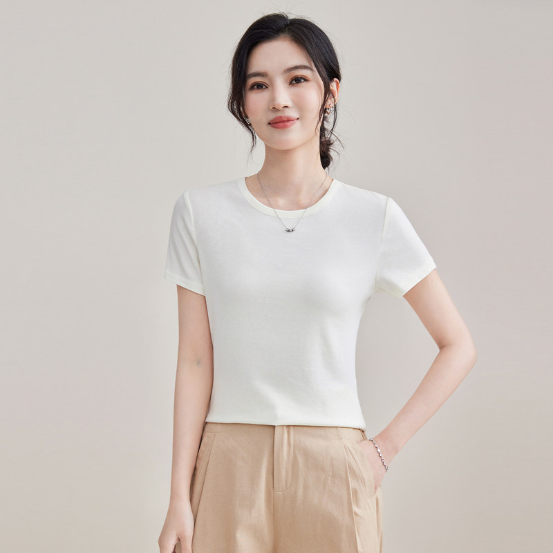 天丝羊毛纯色短袖T恤女26夏季醋酸圆领宽松显瘦百搭休闲上衣打底