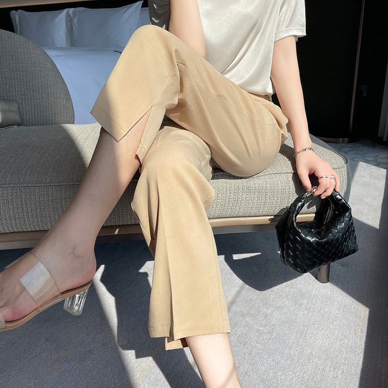 醋酸缎面高腰开叉直筒裤女夏季薄款通勤显瘦九分西装裤简约休闲风