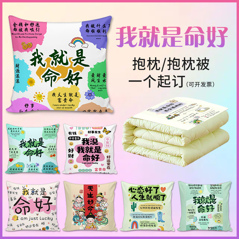 我就是命好抱枕被两用多巴胺卡通励志文字情绪稳定办公室沙发靠枕
