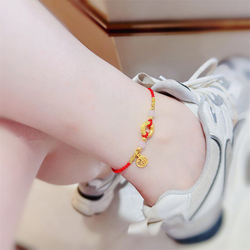 金色平安扣手工编绳脚链新款金黄色福牌脚环18k转运红绳仿真脚饰
