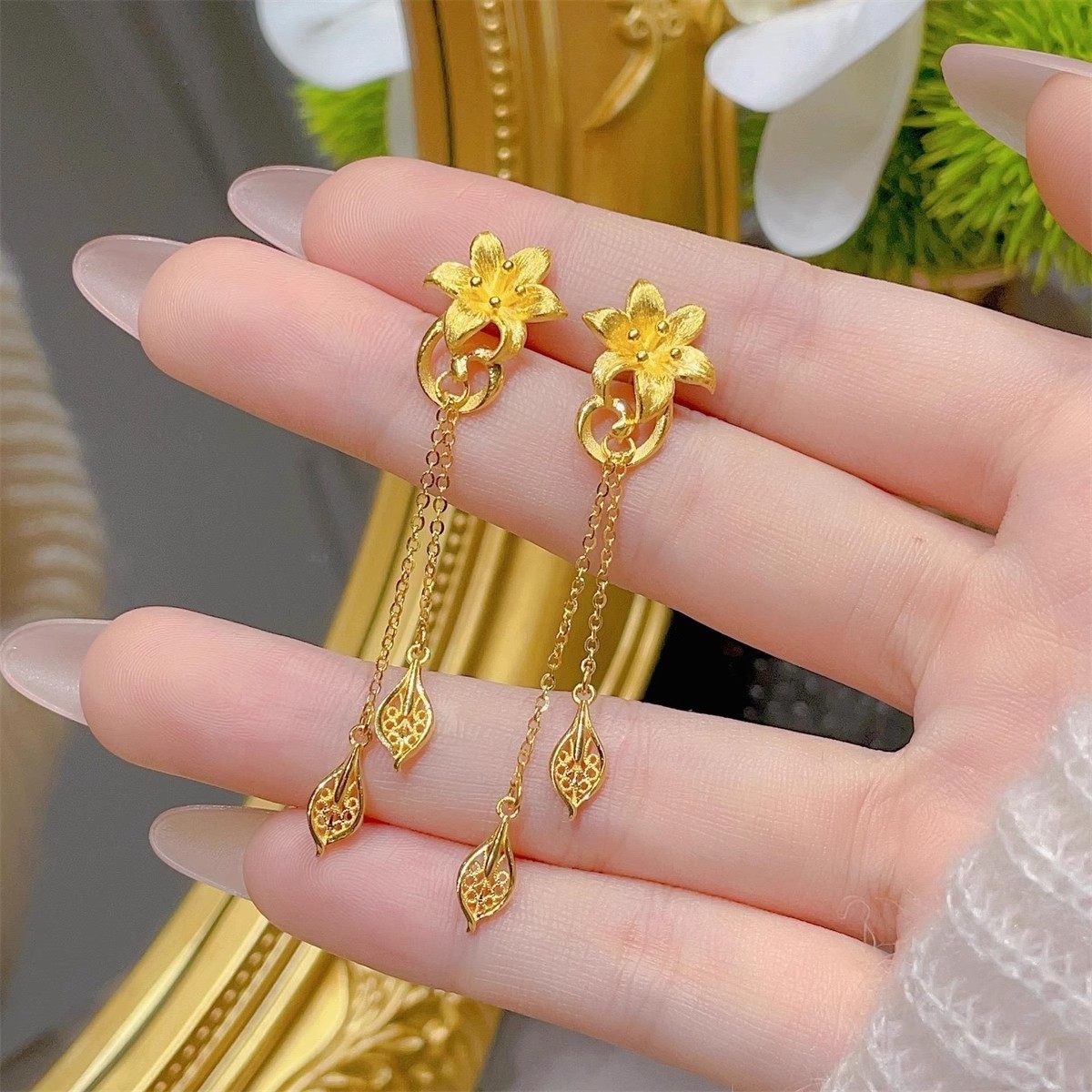 古法18k金花蕊仙百合耳钉女2025新款流苏显瘦耳线耳环高级感耳饰,饰品/流行首饰/时尚饰品新,耳钉,淘宝优惠券,粉丝福利购,淘宝优惠卷