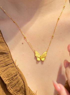 18K金花月佳期系列闪闪蝴蝶结项链女纹理梦幻高级感黄金锁骨链