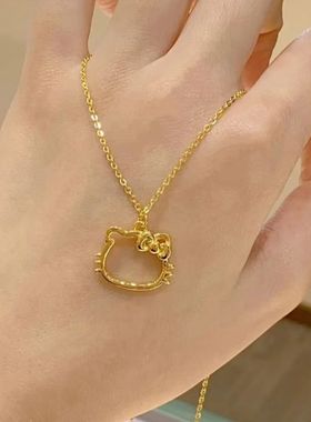 18k金镂空Hello kitty猫头项链黄金吊坠轻奢小众设计送女友闺蜜