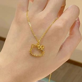 18k金镂空Hello kitty猫头项链黄金吊坠轻奢小众设计送女友闺蜜