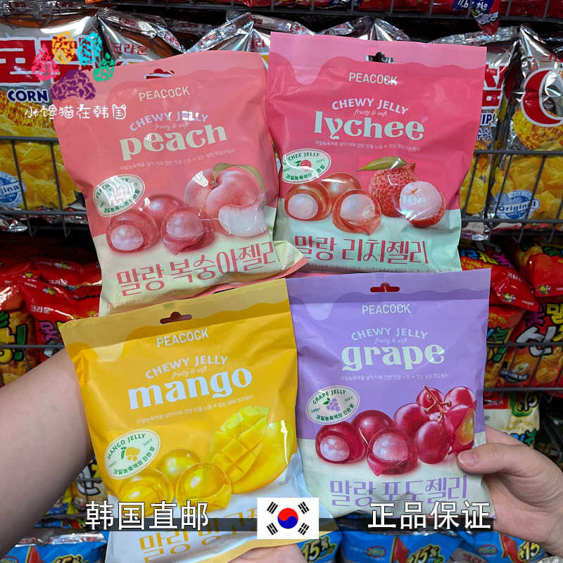 韩国直邮PEACOCK水蜜桃荔枝芒果葡萄水果味夹心软糖36g*6休闲零食