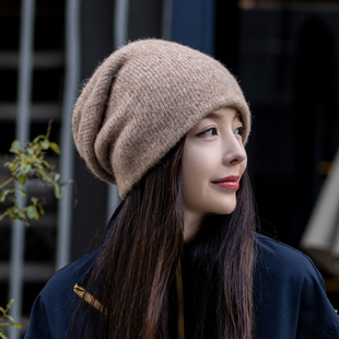 帽子女秋冬时尚百搭宽松针织帽大头围休闲保暖护耳毛线堆堆帽冬季