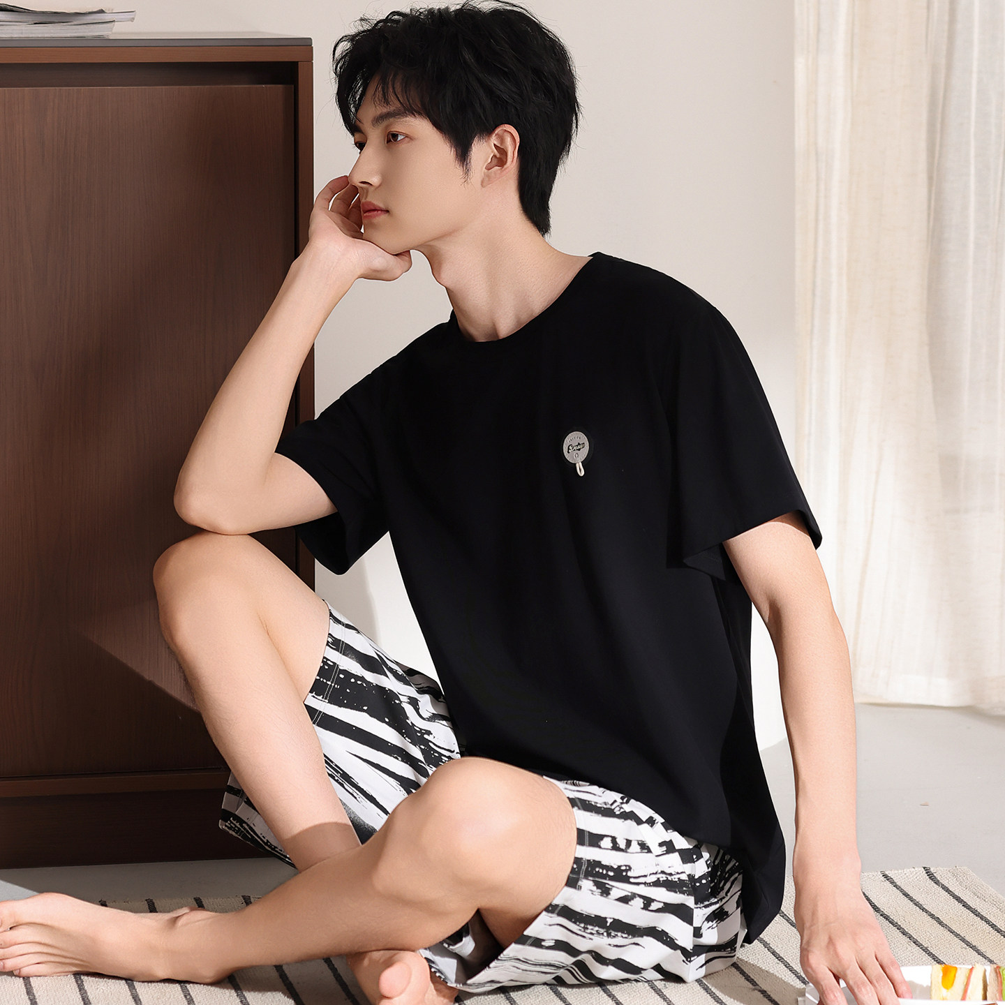 芬腾可安黑色睡衣男士纯棉短袖短裤薄款青少年潮流个性家居服套装